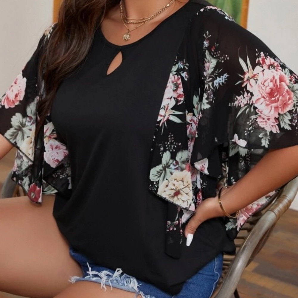 SHEIN black top floral flutter sleeves 4X